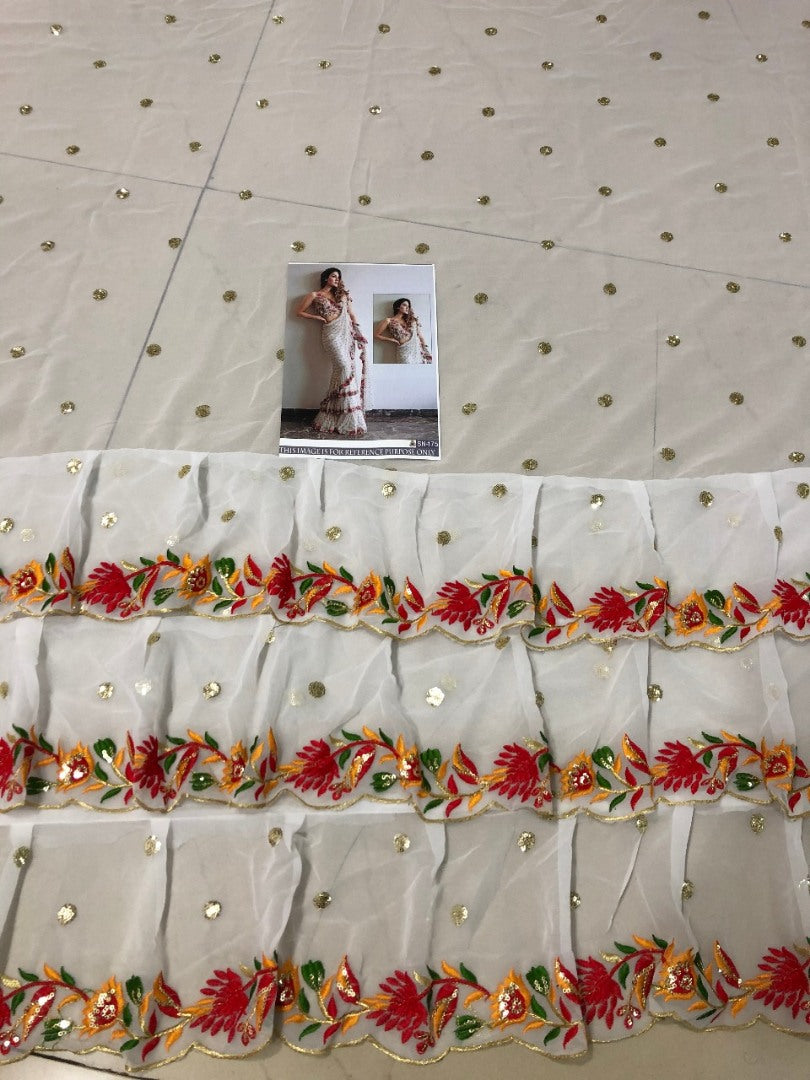 white multi threadwork embroidered ceremonial ruffle saree