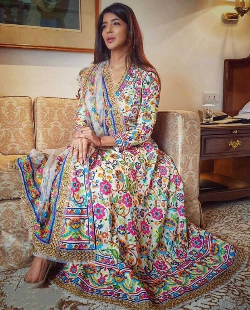 White multicolor digital printed long gown