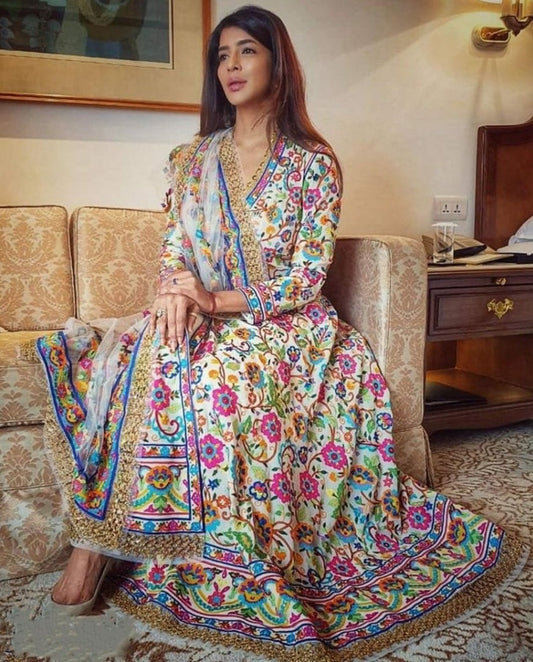 White multicolor digital printed long gown