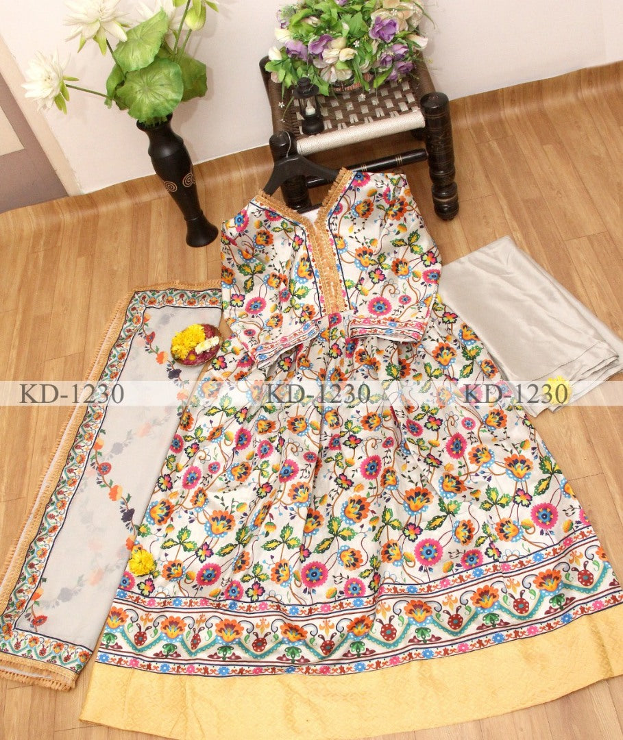 White multicolor digital printed long gown