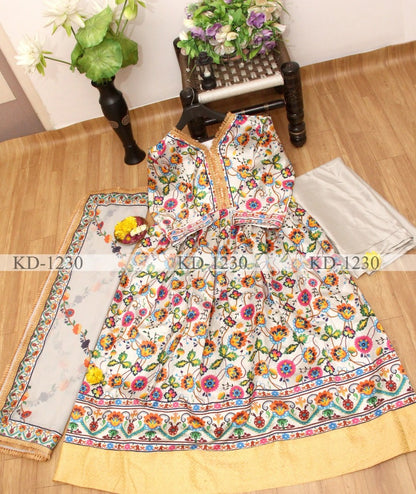 White multicolor digital printed long gown