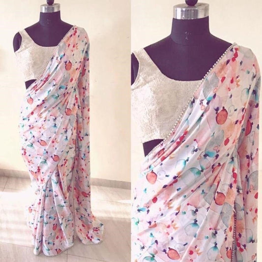 white multicolor digital printed saree