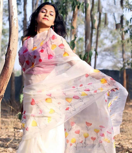 White multicolor floral printed organza saree