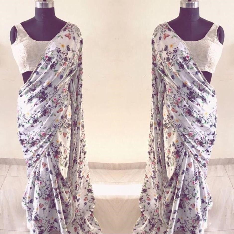 white multicolor flower digital printed saree