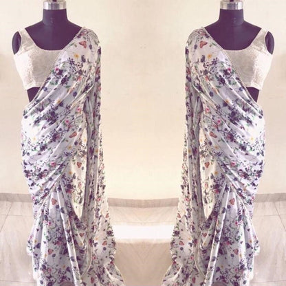 white multicolor flower digital printed saree