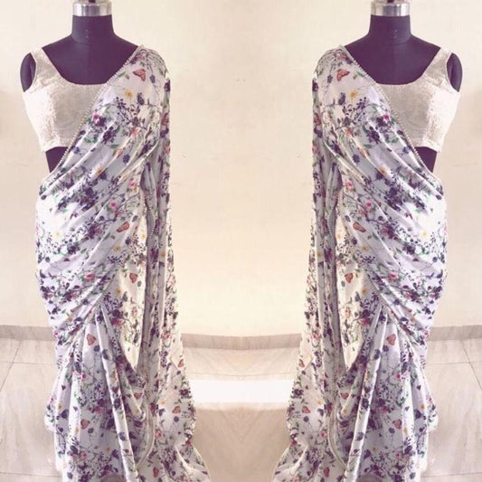 white multicolor flower digital printed saree