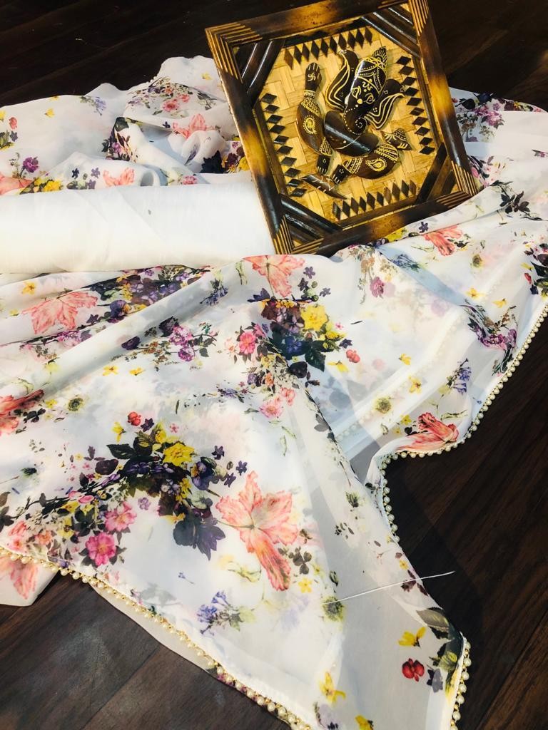 white multicolor flower digital printed saree