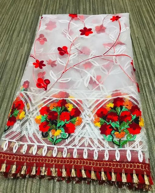 White multicolor fulkali thread work net dupatta