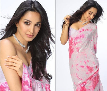 White multicolor printed georgette sequence work partywear saree