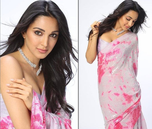 White multicolor printed georgette sequence work partywear saree