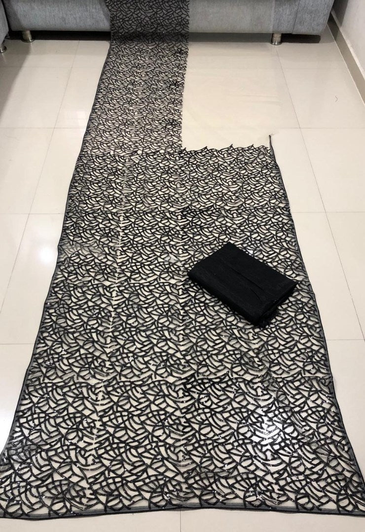 White net black heavy thread and sequence worked stylist partywear saree