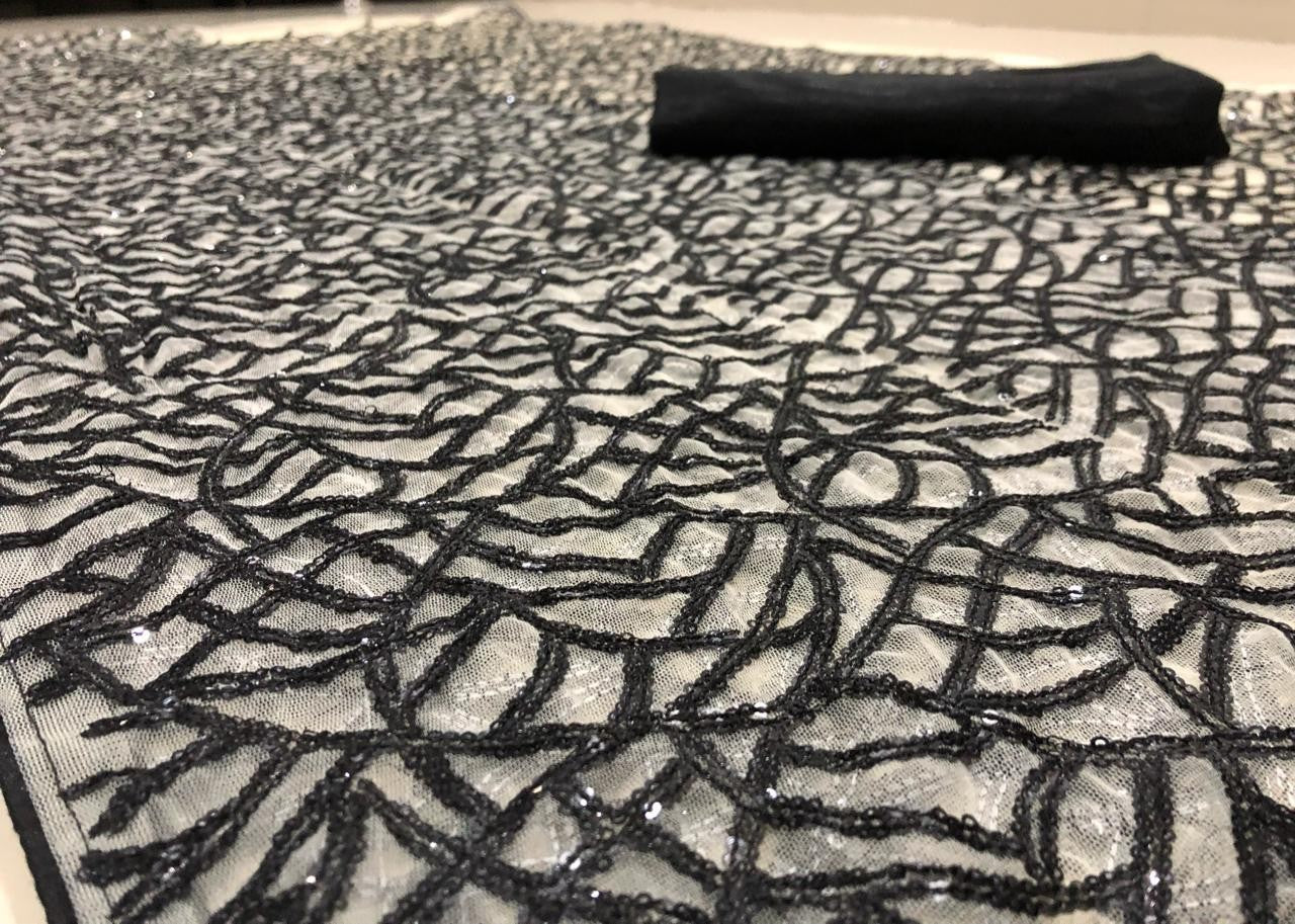White net black heavy thread and sequence worked stylist partywear saree