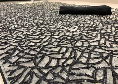 White net black heavy thread and sequence worked stylist partywear saree