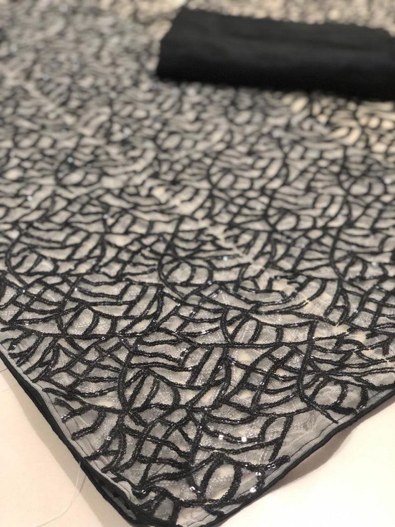 White net black heavy thread and sequence worked stylist partywear saree