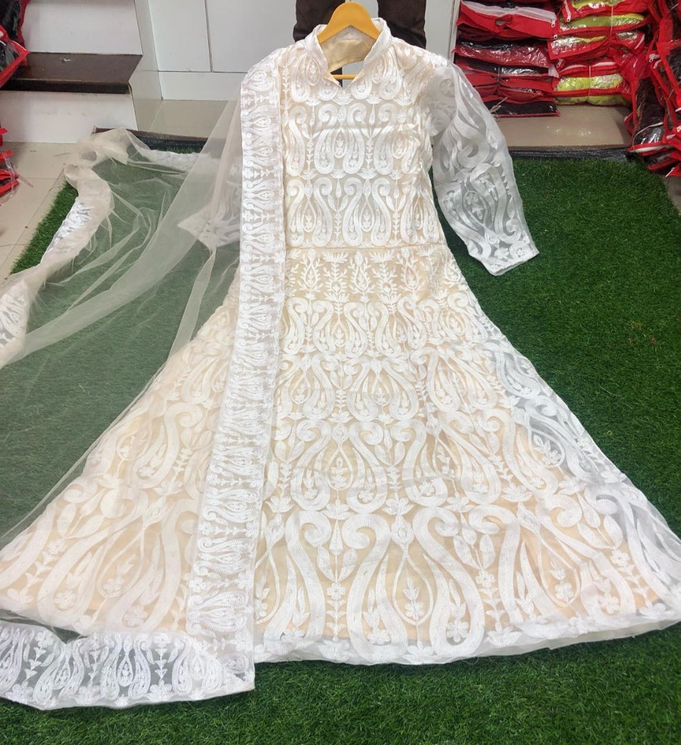 White net chain stitch embroidered gown