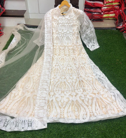 White net chain stitch embroidered gown