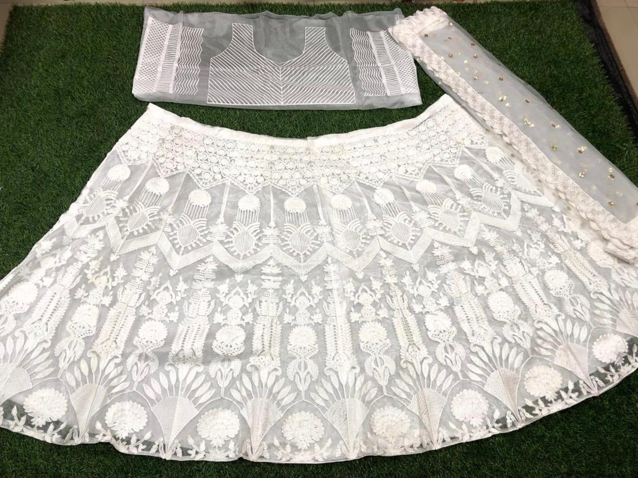 White net chain stitch embroidered wedding lehenga choli