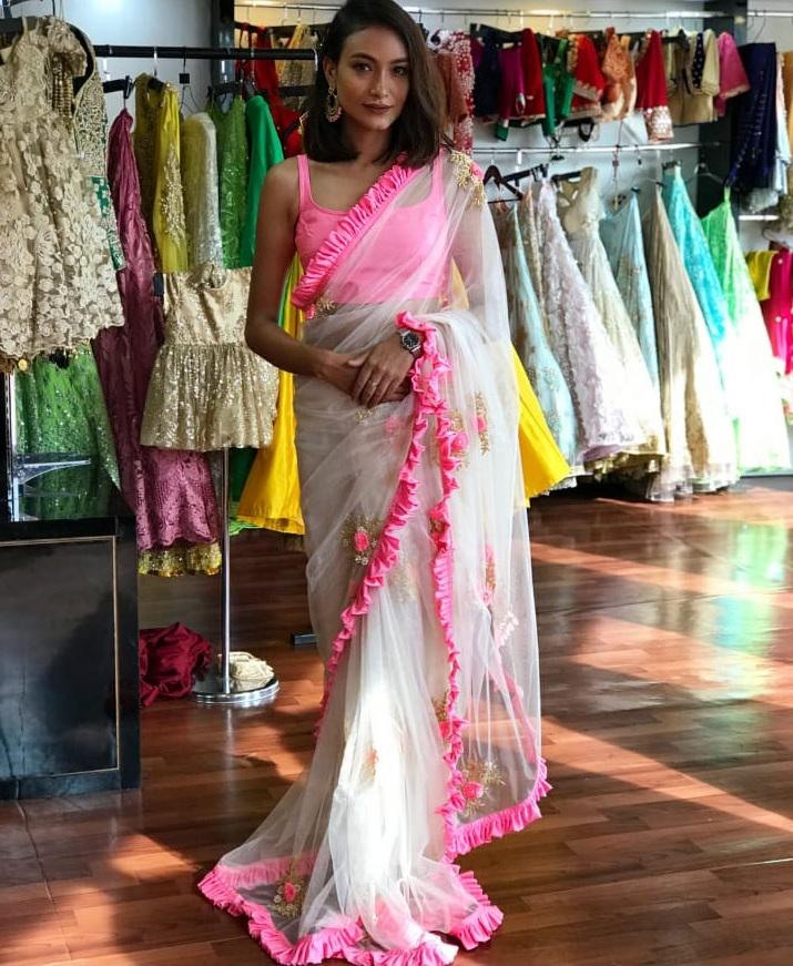 White net embroidered ruffle lace girlish saree