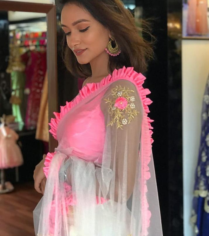 White net embroidered ruffle lace girlish saree