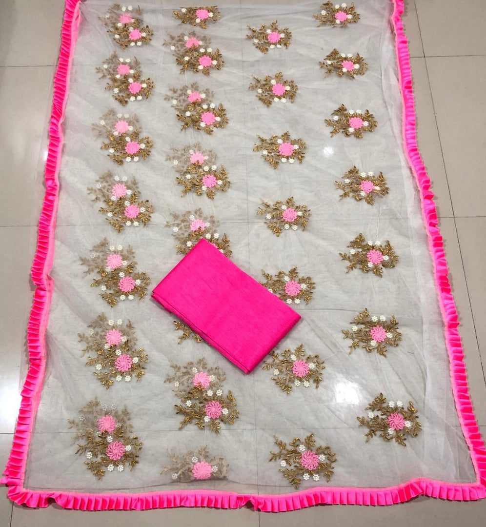 White net embroidered ruffle lace girlish saree