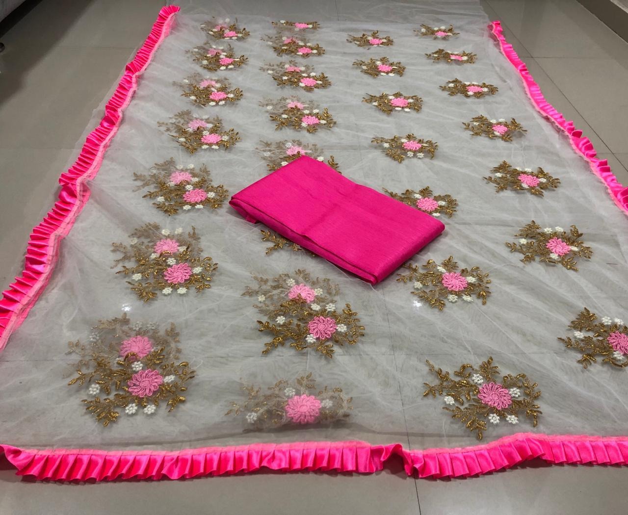 White net embroidered ruffle lace girlish saree