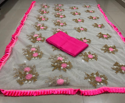 White net embroidered ruffle lace girlish saree