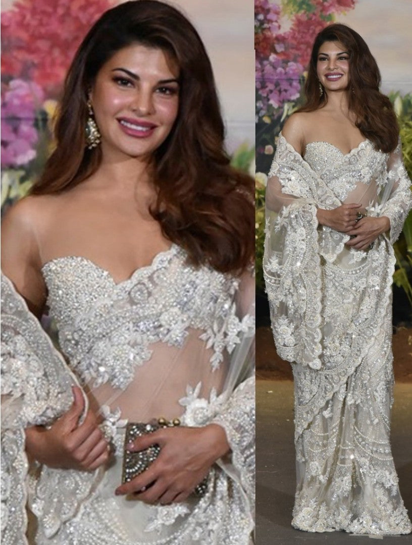 white net heavy embroidered bollywood style wedding saree