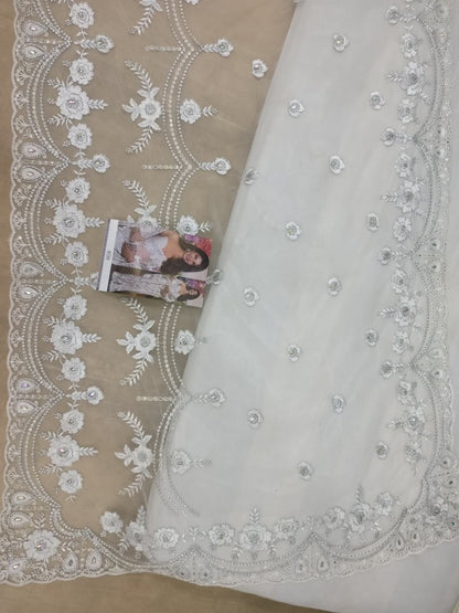 white net heavy embroidered bollywood style wedding saree