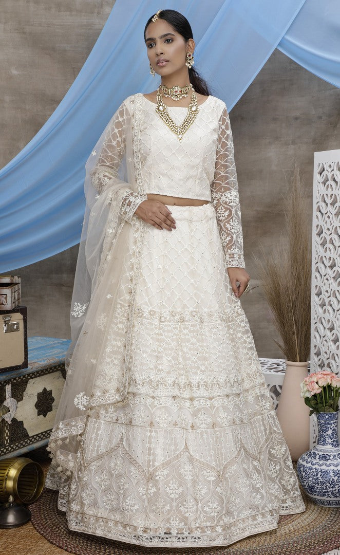 white net heavy embroidered wedding lehenga choli