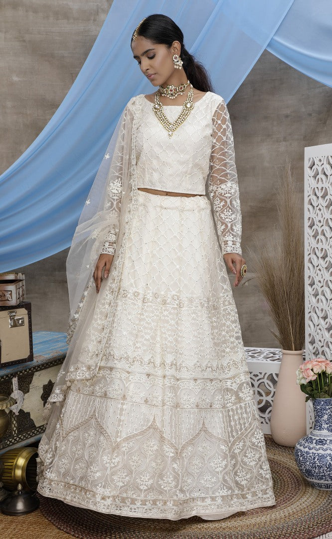 white net heavy embroidered wedding lehenga choli