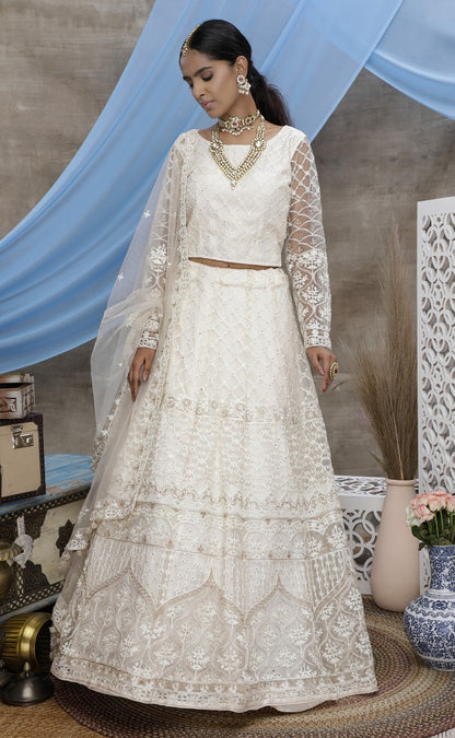 white net heavy embroidered wedding lehenga choli