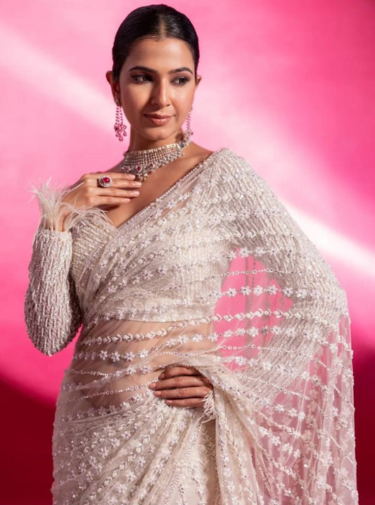 White net heavy sequence thread work wedding saree