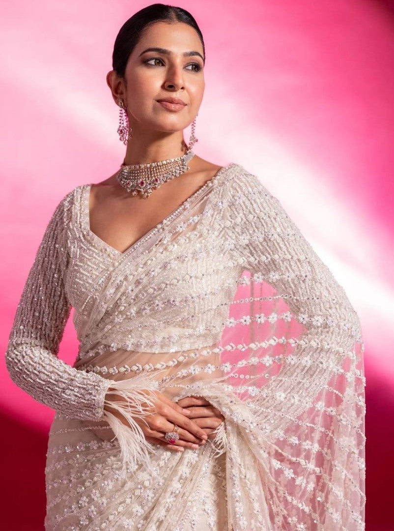 White net heavy sequence thread work wedding saree