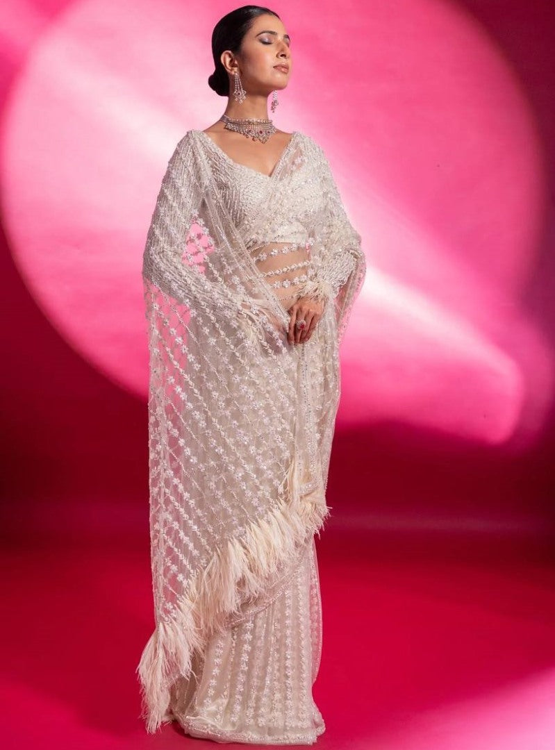 White net heavy sequence thread work wedding saree