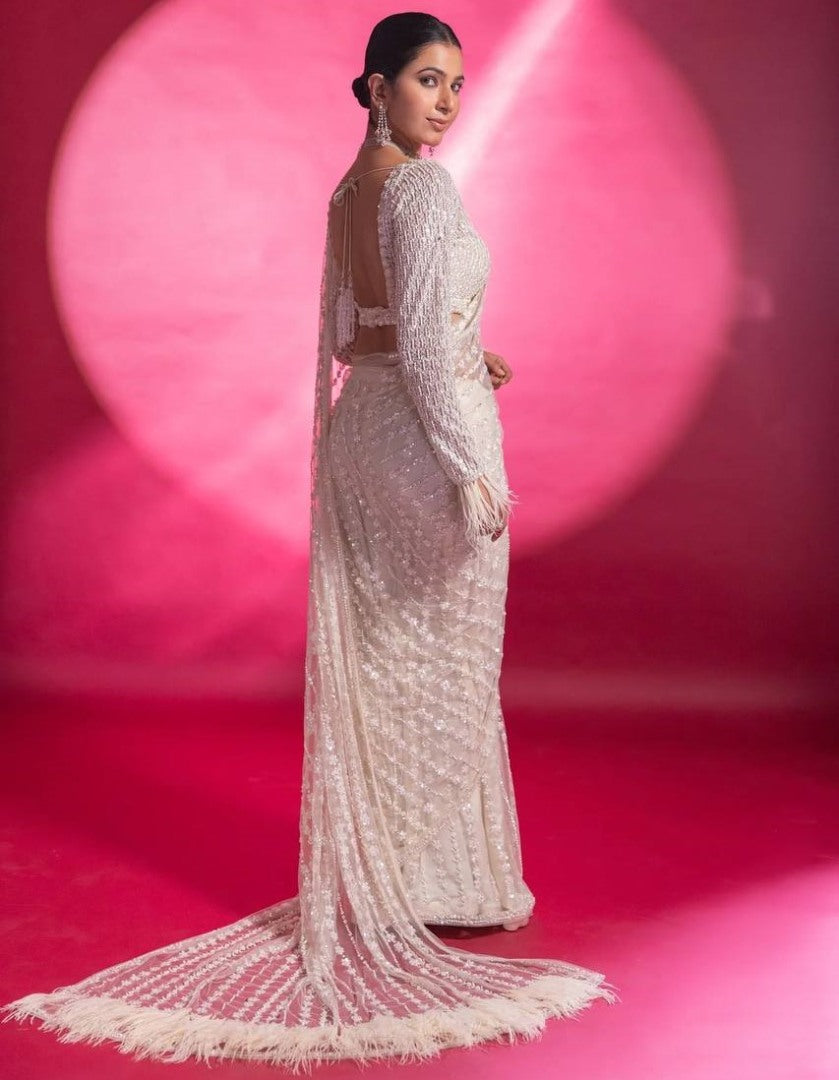 White net heavy sequence thread work wedding saree