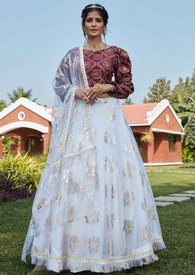 White net metallic foil printed work party wear lehenga choli