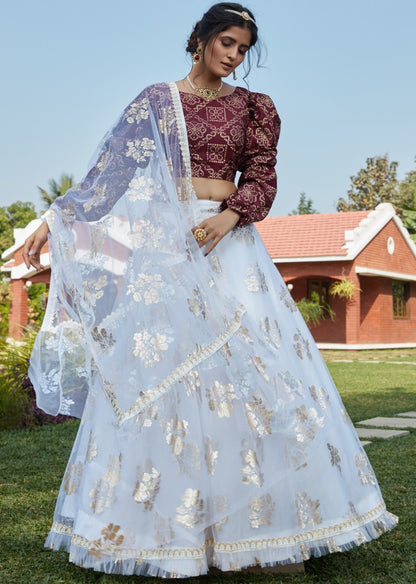White net metallic foil printed work party wear lehenga choli