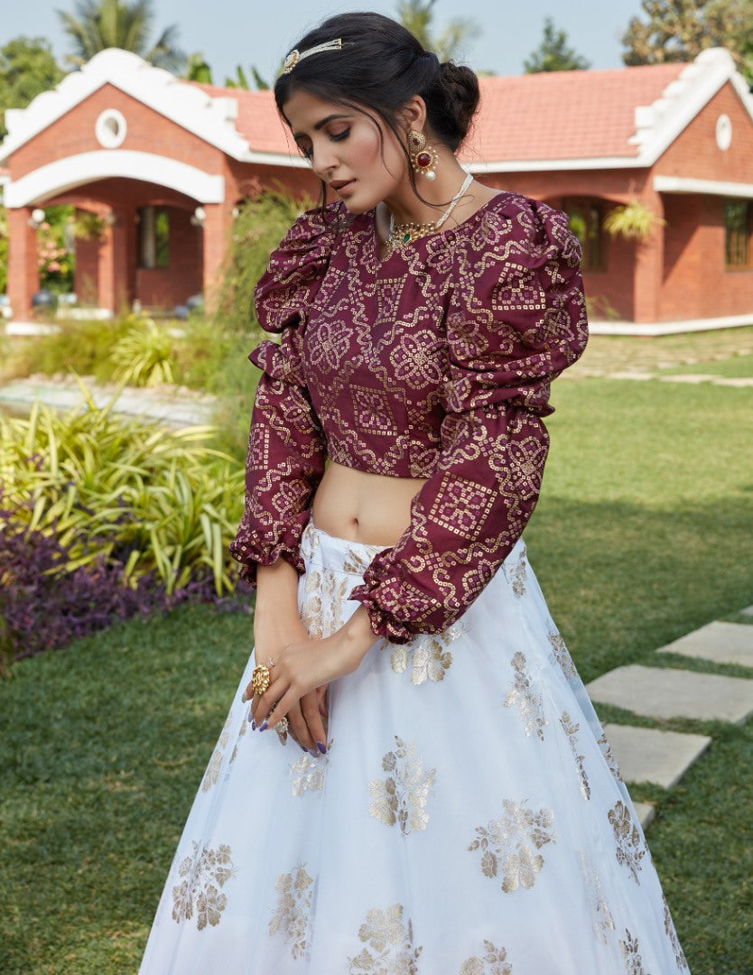 White net metallic foil printed work party wear lehenga choli