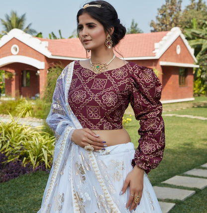 White net metallic foil printed work party wear lehenga choli