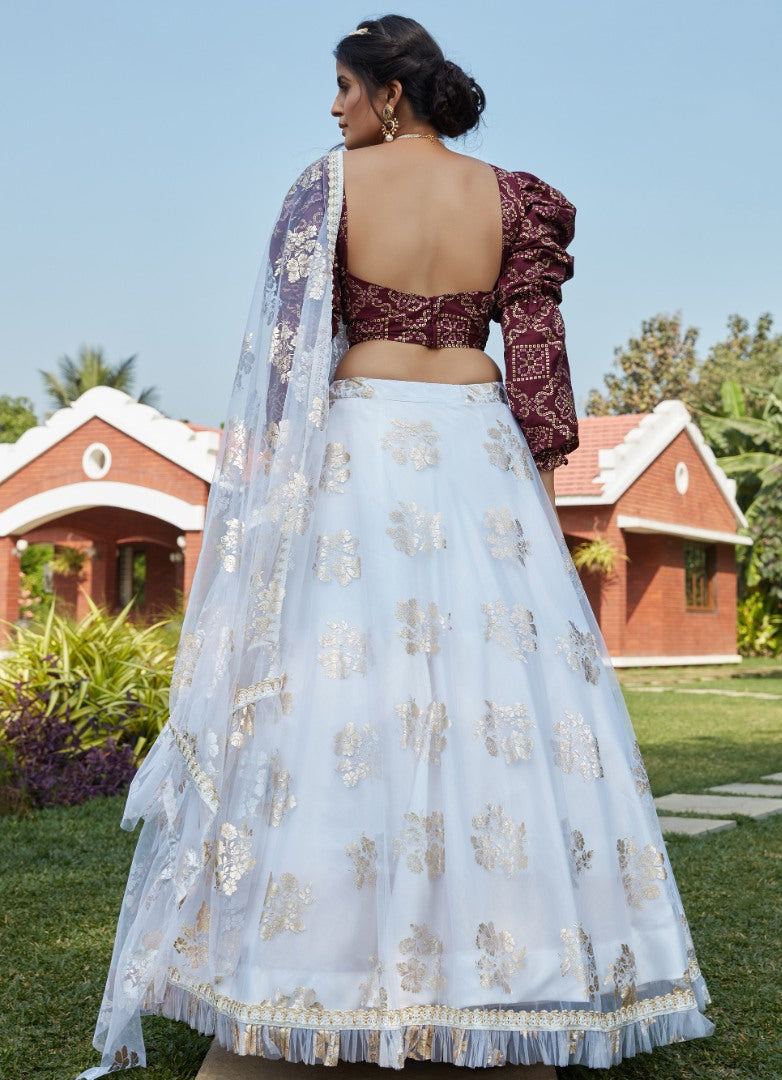 White net metallic foil printed work party wear lehenga choli