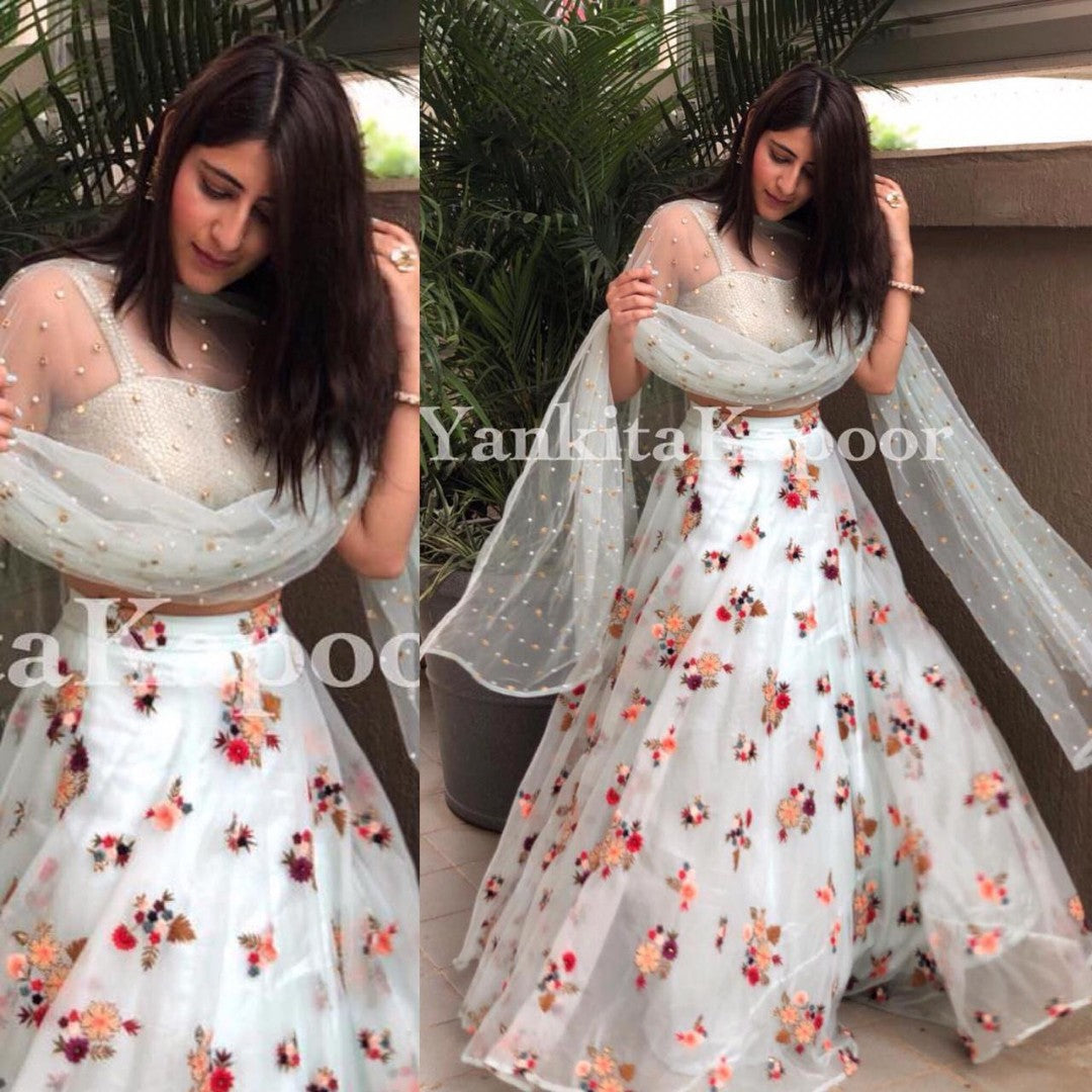 White net multicolor thread worked beautiful ceremonial lehenga