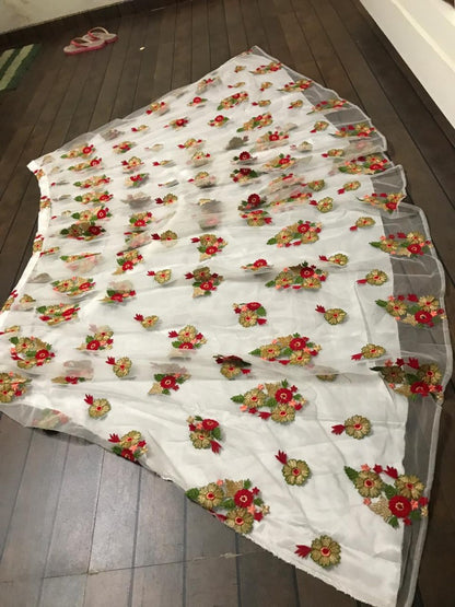 White net multicolor thread worked beautiful ceremonial lehenga