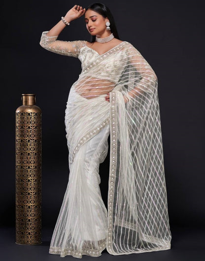 White net rainbow sequence thread work designer wedding saree