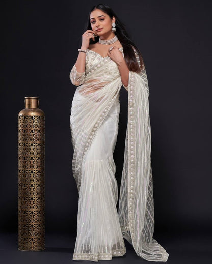 White net rainbow sequence thread work designer wedding saree