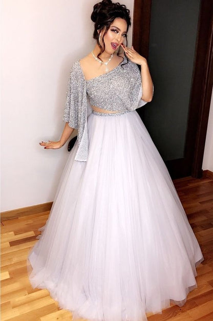 white net sequin work crop top lehenga