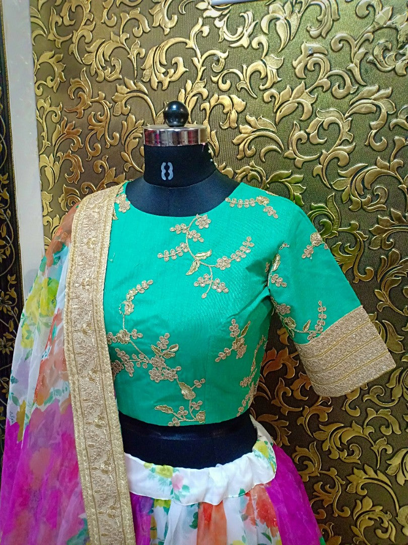 White organza digital printed bollywood style lehenga choli