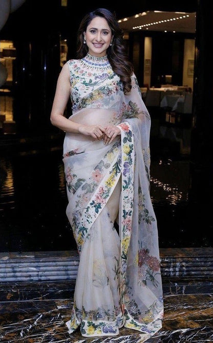 White organza digital printed saree