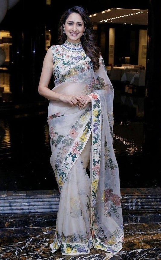 White organza digital printed saree