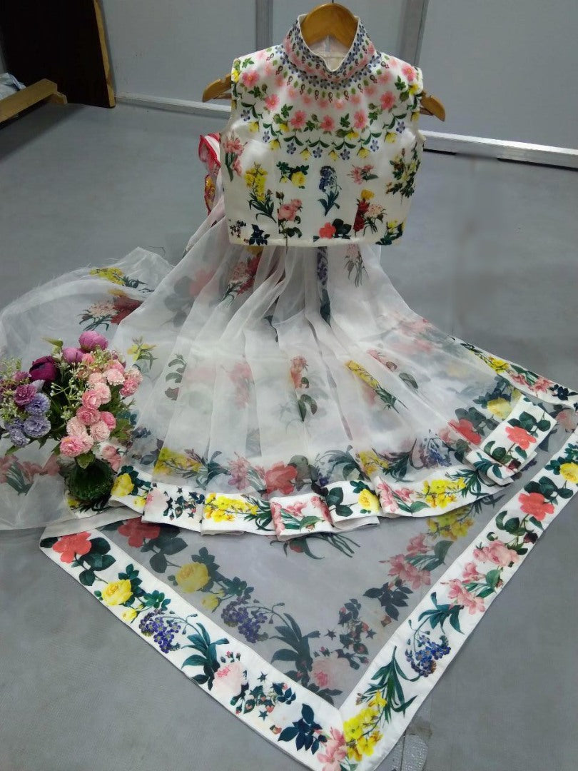 White organza digital printed saree