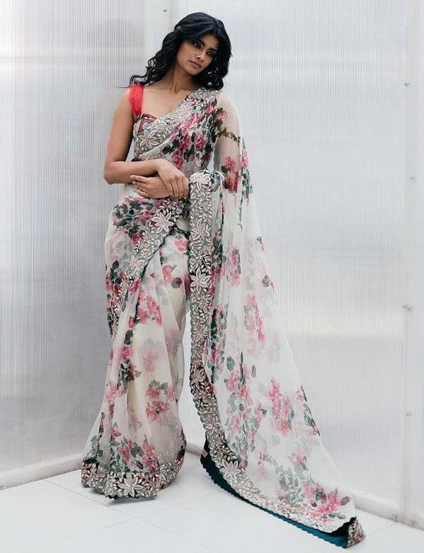 White organza floral printed embroidery border saree